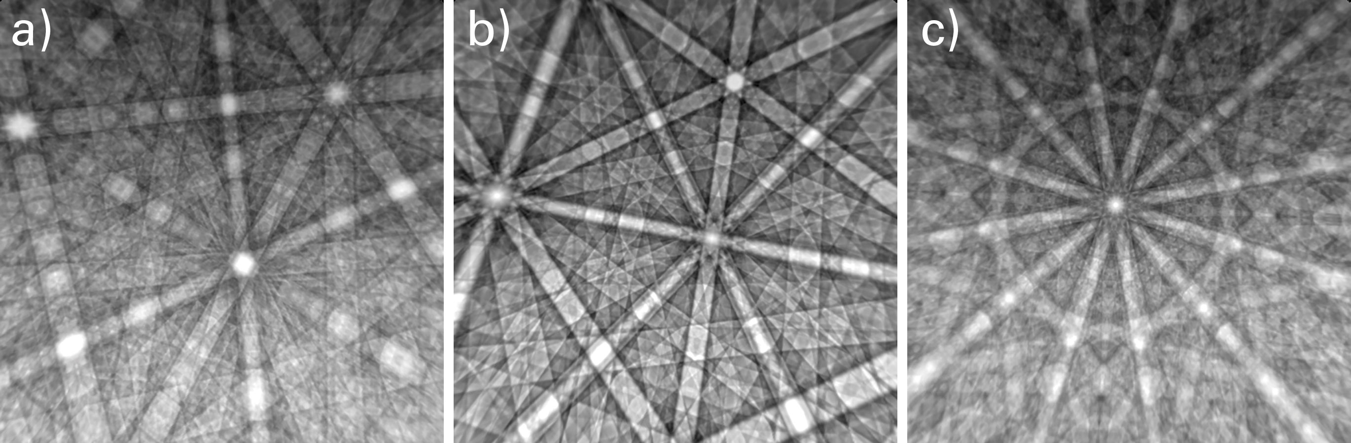 Dynamically simulated EBSD patterns for: a) Cr23C6 , b) TiN, and c) Sigma phases using OIM Matrix.